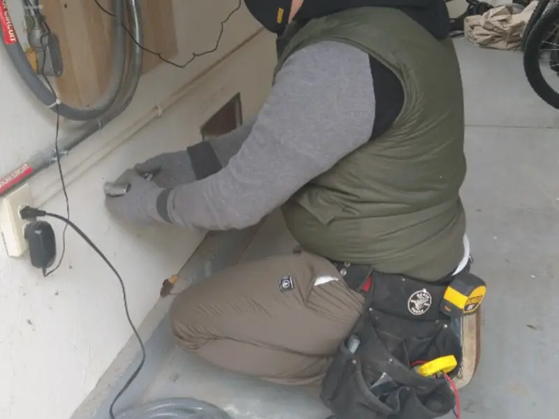 Electrician performing outlet wiring in a Grayson garage